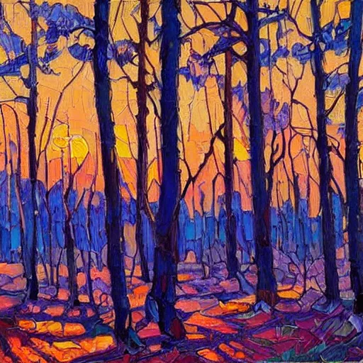 Prompt: a forest of hardwood trees with long shadows during sunset, art by erin hanson, oil painting, muted colors