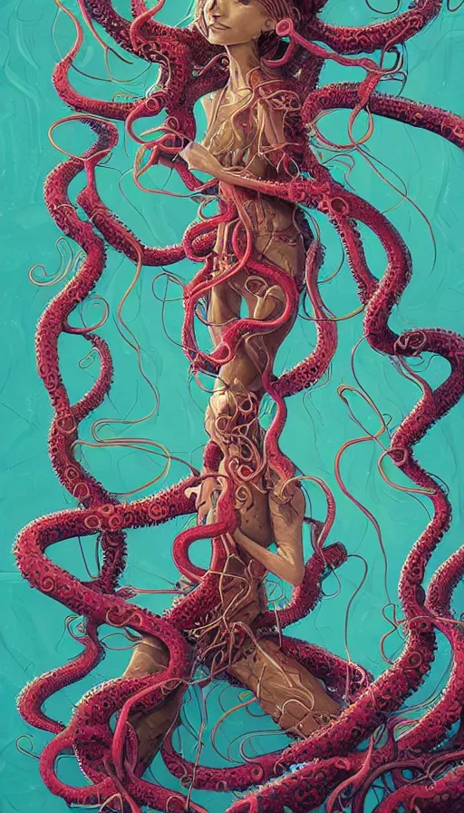 Image similar to very detailed portrait of a 2 0 years old girl surrounded by tentacles, the youg woman visage is blooming from fractal and vines, by ian mcque