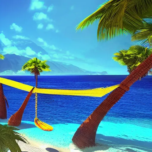 Prompt: laguna. clear blue water. sun shine. colourful birds. paradise. beach. palm trees. a hammock by h. p. lovecraft, abaddon and magali villeneuve, ghibli moebius, 8 k, epic scene, scifi, unreal engine, trending on cg station. masterpiece.