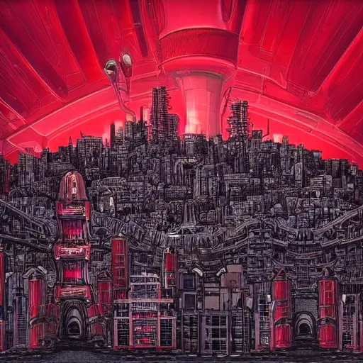 Prompt: red alien biomechanical city under a red sky