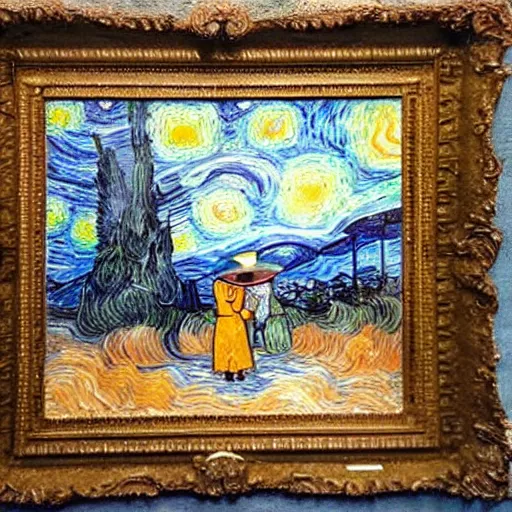 Image similar to girl with an umbrella girl with an umbrella. a walk inside a van gogh painting is a starry night. inside the painting. see everything from the inside. clearly detailed. dramatic.