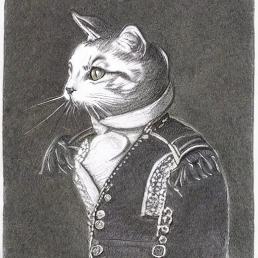 Image similar to a hatched sketch of a cat wearing napoleon's clothing