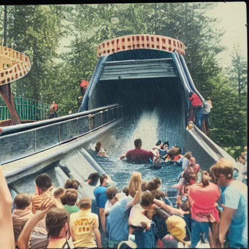 Image similar to 1 9 9 0 s vintage polaroid photograph of a log flume going down a slide making a big splash, during the day, crowd of people getting splashed with water, weathered image artifacts