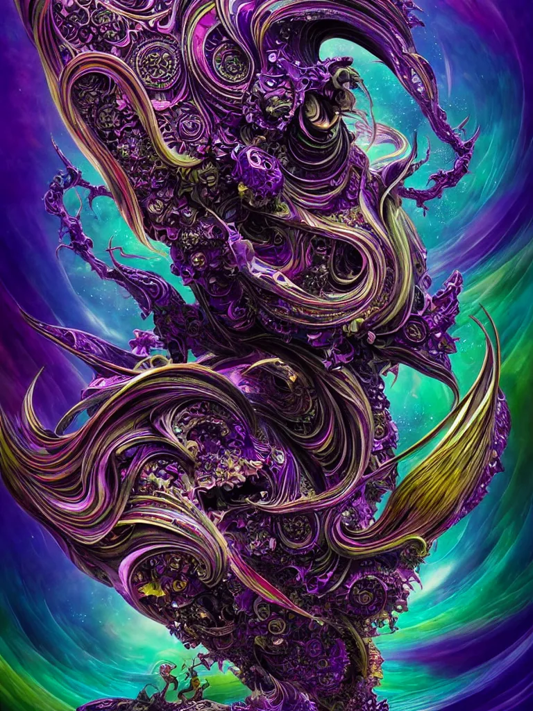 Image similar to depicting a wrathful technological nightmare monster god, in the style of lisa frank, exuberant organic elegant forms, by karol bak and filip hodas : : 1. 4 purple, red, blue, green, black intricate mandala explosions : : intuit art : : turbulent water backdrop : : damask wallpaper : : atmospheric