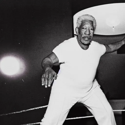 Prompt: a full-body photograph of Morgan Freeman dressed as a professional wrestler, located in a studio wrestling ring with dramatic colorful spotlights. A crowd is cheering in the background.