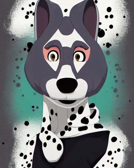 Image similar to digital painting full body of anthropomorphic furry female dalmatian dog, in style of zootopia, female fursona, furry, furaffinity, 4 k, deviantart, furry art, fursona art, wearing a black hoodie, dog fursona, female, cute detailed feminine face,