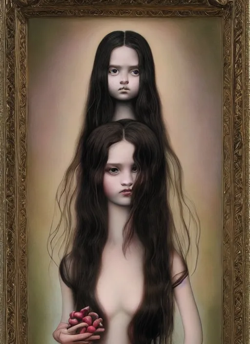 Prompt: pop surrealism, hyper realism, muted colors seductive female venus, cute girl, long hair, art by mark ryden, trevor brown