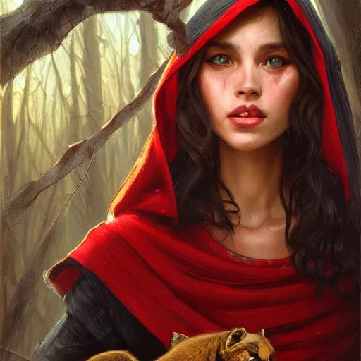 Prompt: Beautiful face Portrait of Little Red Riding Hood with a golden black panther, magic lighting, intricate, wild, highly detailed, digital painting, artstation, concept art, smooth, sharp focus, illustration, art by artgerm and greg rutkowski and alphonse mucha, footage from space camera