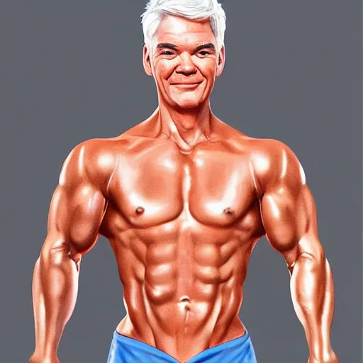 Image similar to Phillip schofield with the physique of a body builder, photorealistic, highly detailed, 4k, eye contact, digital painting,