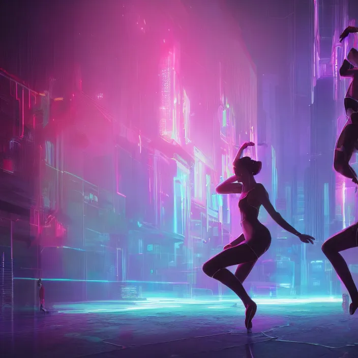 Image similar to two dancers in a virtual club, by artur sadlos, highly detailed, cyberpunk themed, indicate details, cinematic lighting, bright colors, ultra realism, rendered in unreal, sci - fi concept art, video game cinematic