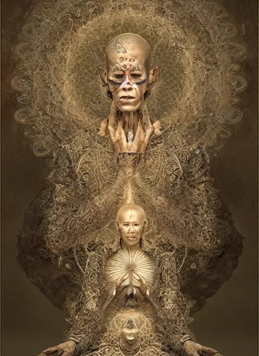 Image similar to portrait of a meditating cyborg monk, sacred scolls, fractal, in the style of ghosts in the shell, intricate ornaments, elegant, highly detailed, digital photography, subsurface scattering, by jheronimus bosch and greg rutkowski,