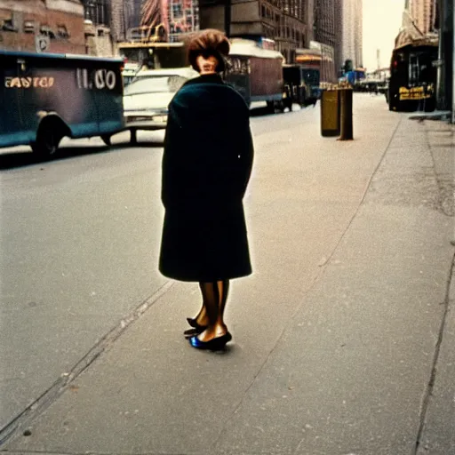 Image similar to street photography portrait of a woman in a suit in the streets of new york, 1 9 6 0 s, colour film street photography, photo taken with ektachrome, featured on flickr, photographed on damaged film