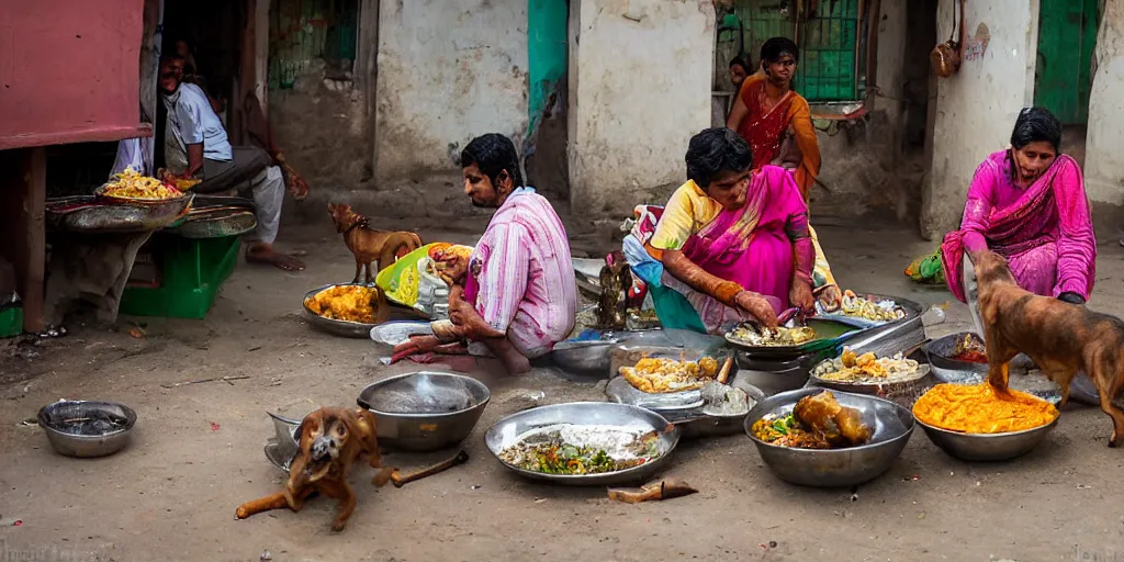 Image similar to indian street food vendor making food for customers while stray dogs eagerly await their turn