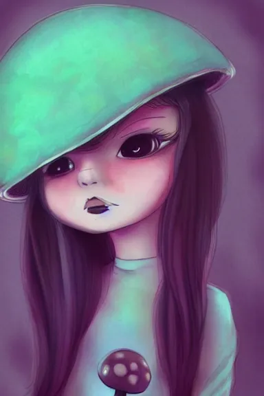 Image similar to a little girl wearing a mushroom hat in dress sitting | | purple curvy hair, pretty face, fine details, digial art by lois van baarle, anatomically correct, perfect composition, symmetrical, fantastic, clean details, anime character, extremely detailed