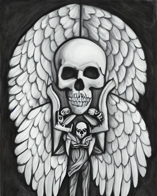 Image similar to an angel with a skull for the head, by jenni pasanen