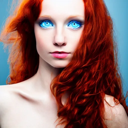 Image similar to Close up 35mm nikon photo of the left side of the head of a redhead photomodel with gorgeous blue eyes and wavy long red hair, who looks directly at the camera. Whole head visible and covers half of the frame,.