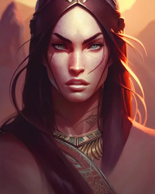 Image similar to azctec warrior, megan fox, detailed perfect face, exquisite details, fire magic, mid view, design on a white background, by studio muti, greg rutkowski makoto shinkai takashi takeuchi studio ghibli