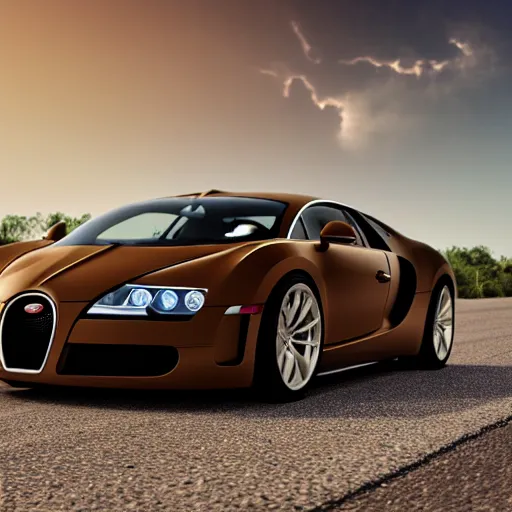 Image similar to super realistic supercar brown bugatti on a road, 4k, 8k, hdr, full hd, high quality textures, high quality shadows, high quality lightning, intense world lightning, HDR, global illumination, post processed, hyperrealistic, photorealistic, photo realistic, realistic, detailed sky