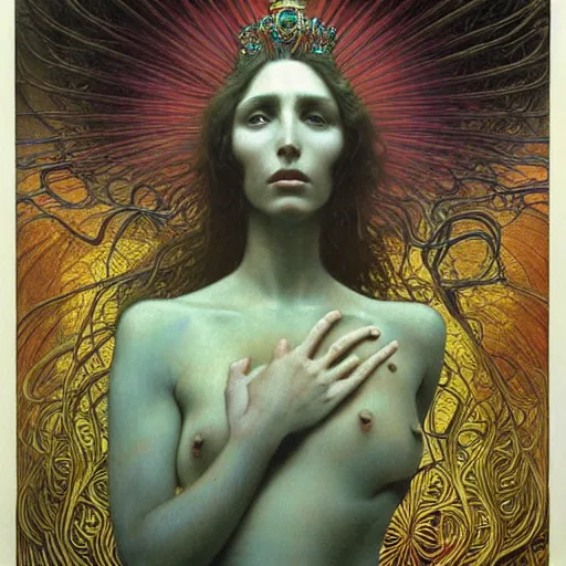 Image similar to queen of jupiter by zdzisław beksinski and alphonse mucha. highly detailed, hyper - real, beautiful