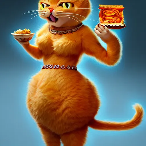 Prompt: fullbody!! personification of garfield the cat as a goddess holding lasagna, stunning, hyperrealistic, trending on artstation, smooth and sharp, intricate, fine details, elegant, religious, dynamic pose, radiant light, detailed and intricate environment, professional character concept art by tatyana kupriyanova and greg rutkowski and raymond swanland