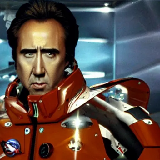 Image similar to Nicholas Cage as a space ship shooting aliens