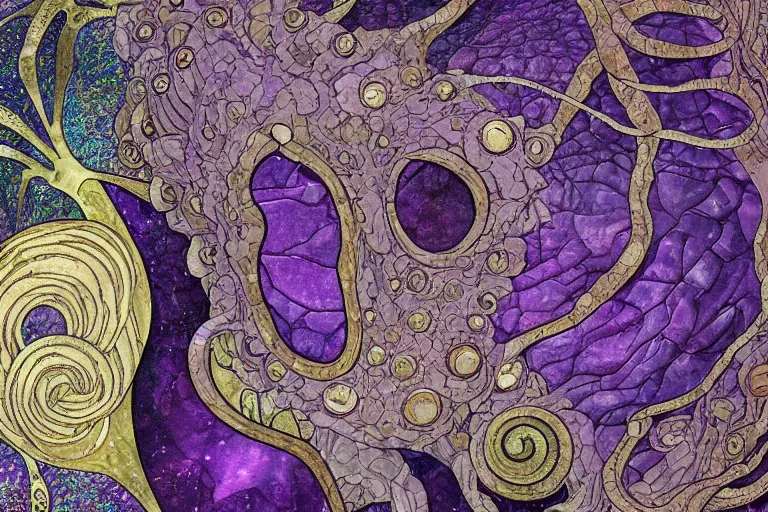 Prompt: fossilized amethyst trilobite shoggoth nyarlathotep, muted colour palette with iridescent highlights, klimt, mucha, art nouveau, stained glass, bold lines, realistic, insane details, 8 k