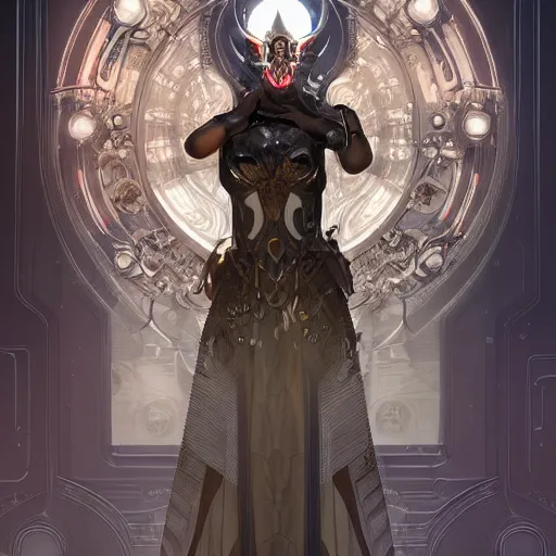 Image similar to a cyborg empress with mask, art nouveau ivory accessories, cyberpunk, darksynth, luxury, concept art by jama jurabaev, extremely detailed, ominous, ethereal, artstation, andree wallin, edvige faini, balaskas, alphonse mucha, symmetry