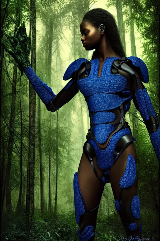 Prompt: hyperrealistic very beautiful! black woman with detailed exoskeleton armor, touching tree in a forest, digital art masterpiece brad kunkle, dramatic blue light low angle hd 8k sharp focus