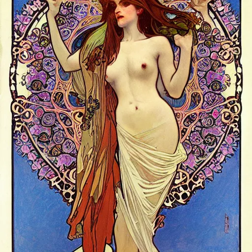 Image similar to persephone as goddess of death and flowers, evil, painted by alphonse mucha