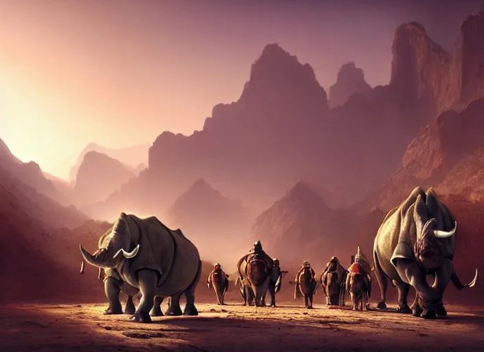 Image similar to the big large expedition with a crowd of adventurers being brought by gigantic rhinos carrying stuff towards the desert of duhnes medium shot, studio ghibli animation, anime key art by craig mullins, bloom, dramatic lighting