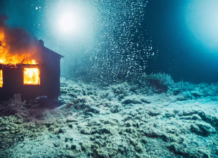 Image similar to dslr photo still of a house on fire under the water under water at the bottom of the ocean with lots of bubbles and light rays, 8 5 mm f 1. 8