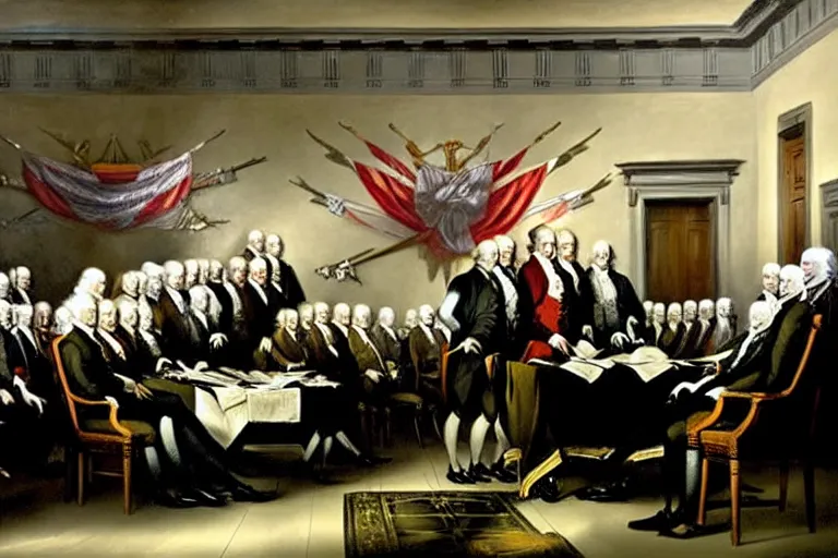 Prompt: john trumbull's famous painting of vampires at the signing of the declaration of independence. the vampires are taller and wear black capes and no wigs. on the wall there is a flag from transylvania