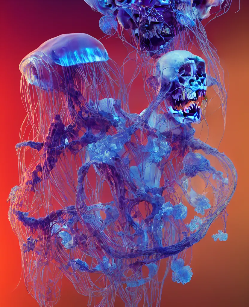 Prompt: composition of human skulls, animals skulls, bones, rib-cage. jellyfish orchids and betta fish, bioluminiscent, intricate artwork by Tooth Wu and wlop and beeple. octane render, trending on artstation, greg rutkowski very coherent symmetrical artwork. cinematic, hyper realism, high detail, octane render, 8k