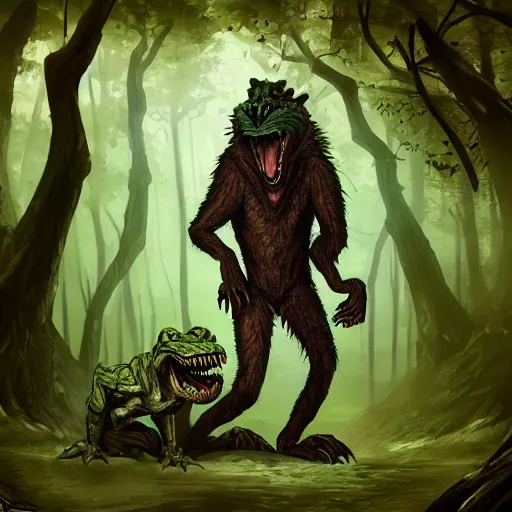Image similar to werecreature consisting of a human and crocodile in a forest, trending on artstation