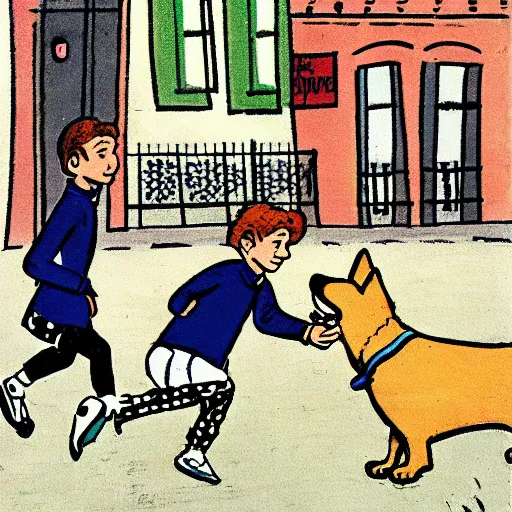 Image similar to illustration of french boy on the streets of paris playing football against a corgi, the dog is wearing a polka dot scarf, comic, 1 9 7 2