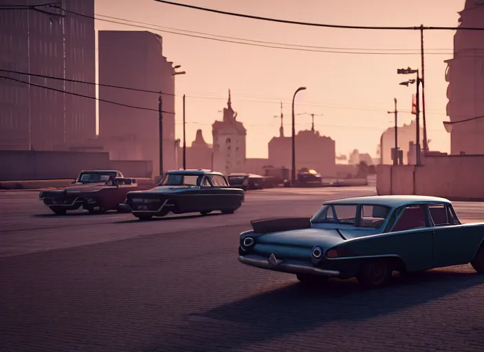 Prompt: hyperrealistic matte painting of gta moscow, 1 9 6 0, playstation 5 screenshot, mega details, golden hour, beautiful rtx reflections, soviet suburbs, photorealistic, unreal engine 5, octane render, volumetric light, featured on cg society, 4 k, 5 0 mm bokeh, kodachrome, russian lada car, artstation