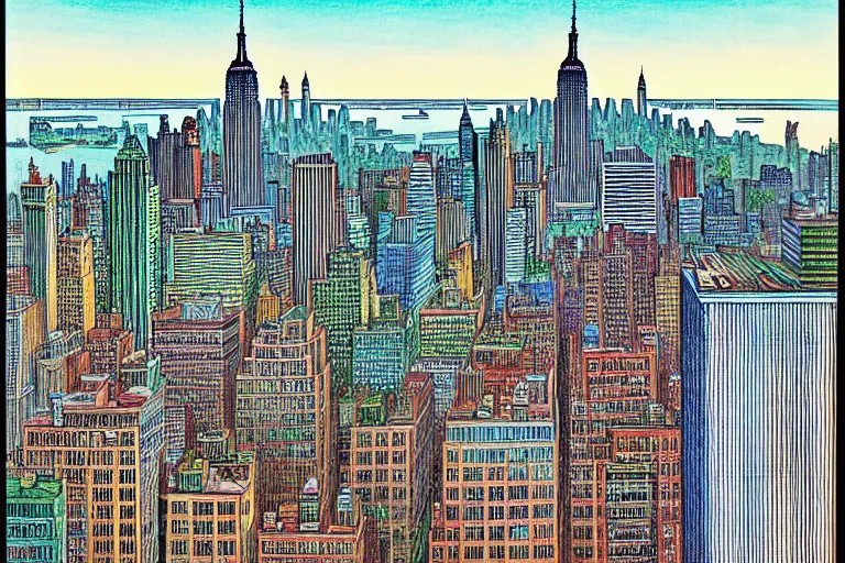 Prompt: a realistic Manhattan cityscape, from the roof, tall terrace, Empire state building, houses, parks, by Louis Wain (1920), golden ratio, sharp linework, clean strokes, sharp edges, flat colors, cell shaded by moebius, Jean Giraud, trending on artstation