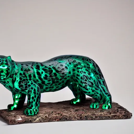 Image similar to Emerald Jaguar sculpture with glowing purple eyes