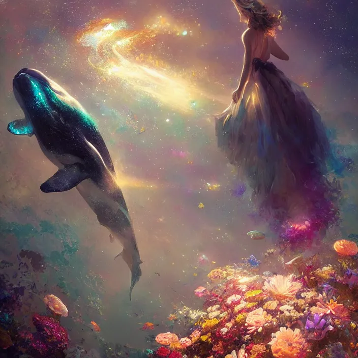 Image similar to glimmering whale, flowing dress, flowers, cosmos, milky way galaxy, golden hour, god rays, coral reef, dreamscape by artgerm and ruan jia and ismail inceoglu and greg olsen, masterpiece, beautiful, intricate, elegant, highly detailed