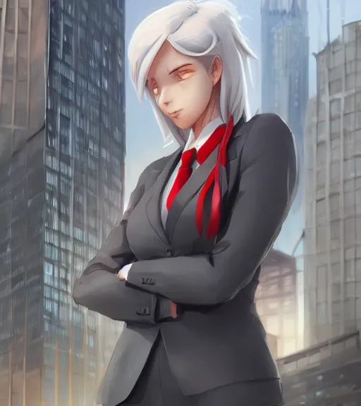 Prompt: a girl in a business suit, close up, sharp focus, red necktie, grey hair, serious expression, full body shot, pixiv, city background, digital painting, by tran ross and jordan grimmer and greg rutkowski, anime art, artstation, hd, smooth,
