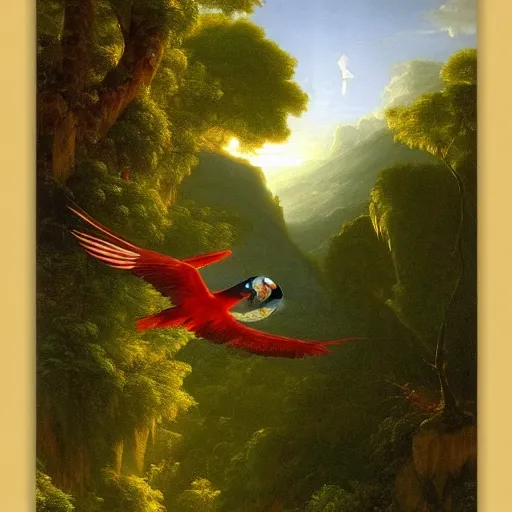 Prompt: gorgeous macaws flying at dawn in the distance through the forest, jungle mountains in the background, highly detailed, heavenly lighting, trending on art station, very detailed birds, painting by thomas cole