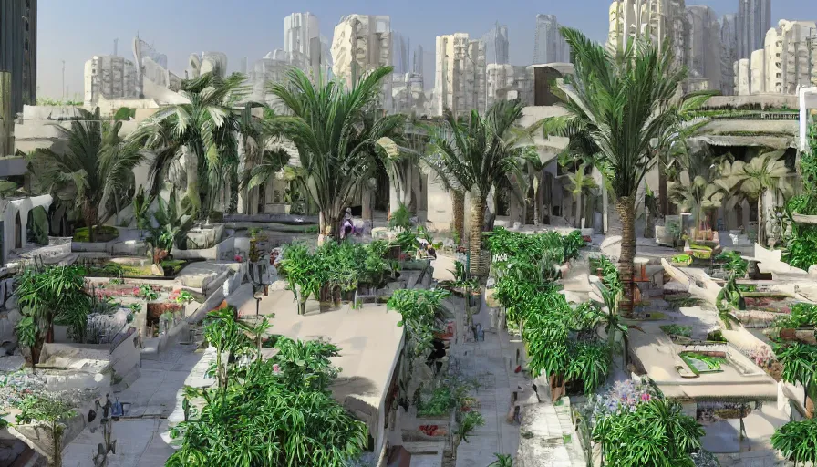 Image similar to arabic city with rooftop gardens, flowers, palms, artstation