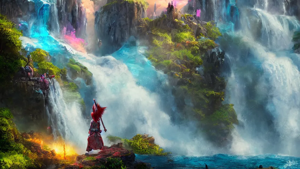 Image similar to A Fantasy Warrior, standing on a cliffside, beside a beautiful colourful waterfall, over looking a large Fantasy city in the middle of the ocean, trending artstation, 8k, highly detailed, matte painting, concept art