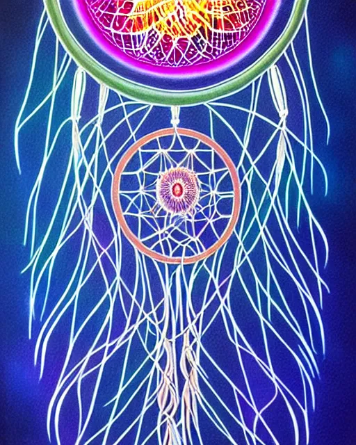 Image similar to detailed realistic dreamcatcher geometric glow painting a jellyfish emitting light in the cosmos by alex grey symmetry