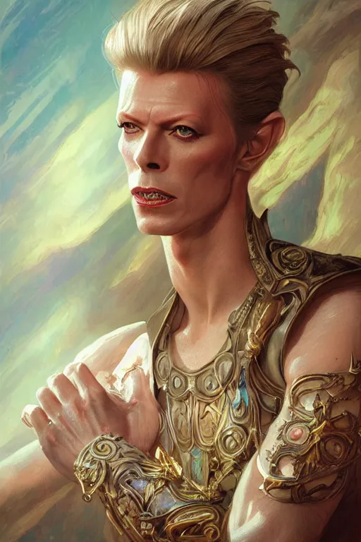 Image similar to ultra realistic illustration, fairy king david bowie from diablo and baldurs gate, intricate, elegant, highly detailed, digital painting, artstation, concept art, smooth, sharp focus, illustration, art by artgerm and greg rutkowski and alphonse mucha