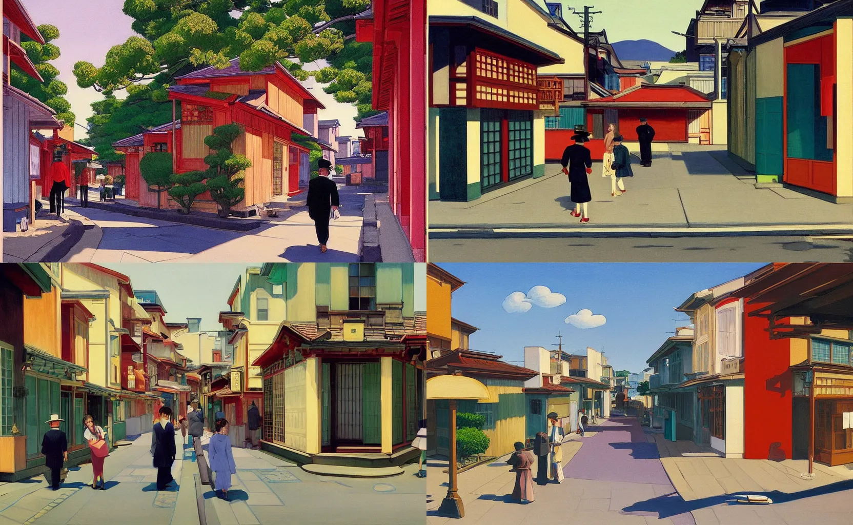 Prompt: a quaint street in Kyoto, painting by Edward Hopper, Syd Mead, Ben Aronson and William Eggleston