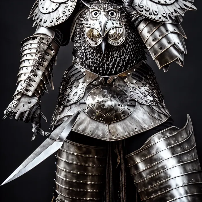 Image similar to full length photo of a warrior with metal owl themed armour, highly detailed, 4 k, hdr, smooth, sharp focus, high resolution, award - winning photo