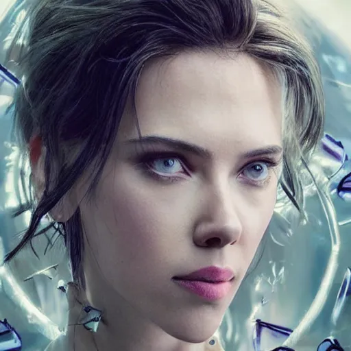 Prompt: a beautiful medium - shot still of scarlett johansson from ghost in the shell, cyberpunk style, looking off into the distance, a - line bob hairstyle, black hairs, ultra realistic, soft, blue hour, soft neons light from night city falling on her face. focus on her eyes and brows. by annie leibowitz