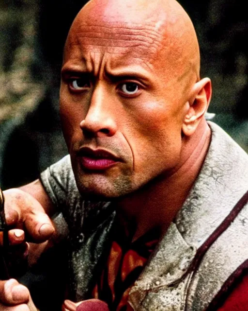 Image similar to film still close up shot of dwayne johnson as harry potter from the movie harry potter and the philosopher's stone. photographic, photography