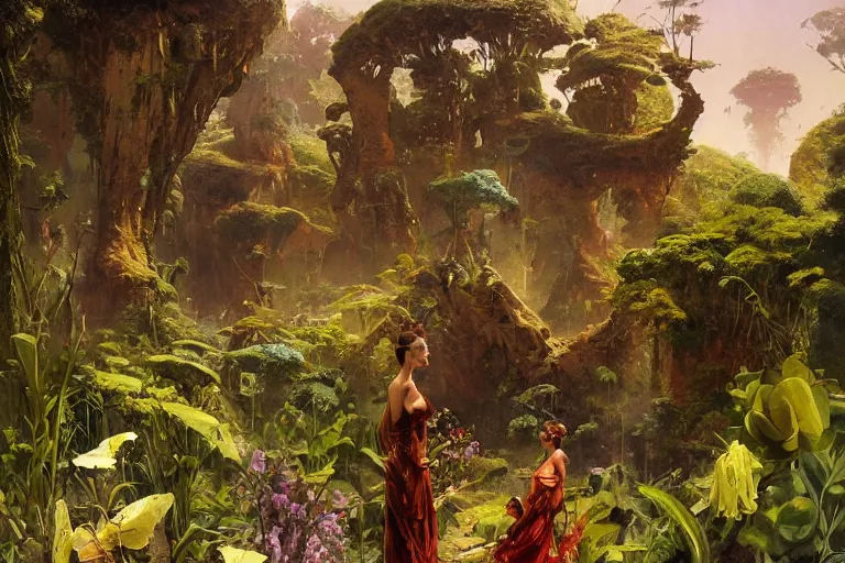 Image similar to pulp scifi fantasy illustration, elegant woman meets lizard alien in beautiful garden, flowers, baobab trees, distant town in valley and hills, spacehip, by norman rockwell, jack kirby, john berkey, bergey, craig mullins, ruan jia, raymond swanland, jeremy mann, beksinski, tom lovell, rodney matthews